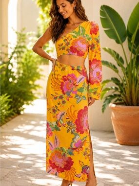 FARM Rio One Shoulder Cutout Tropical Floral Maxi Dress M